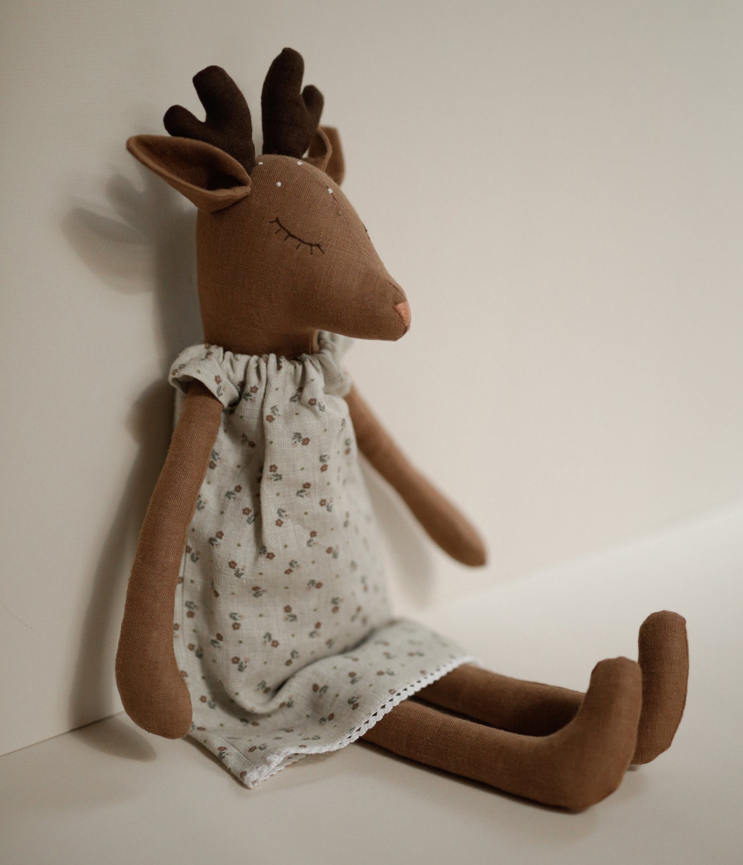 Deer toy 55 cm in tiny flowers linen dress with antlers