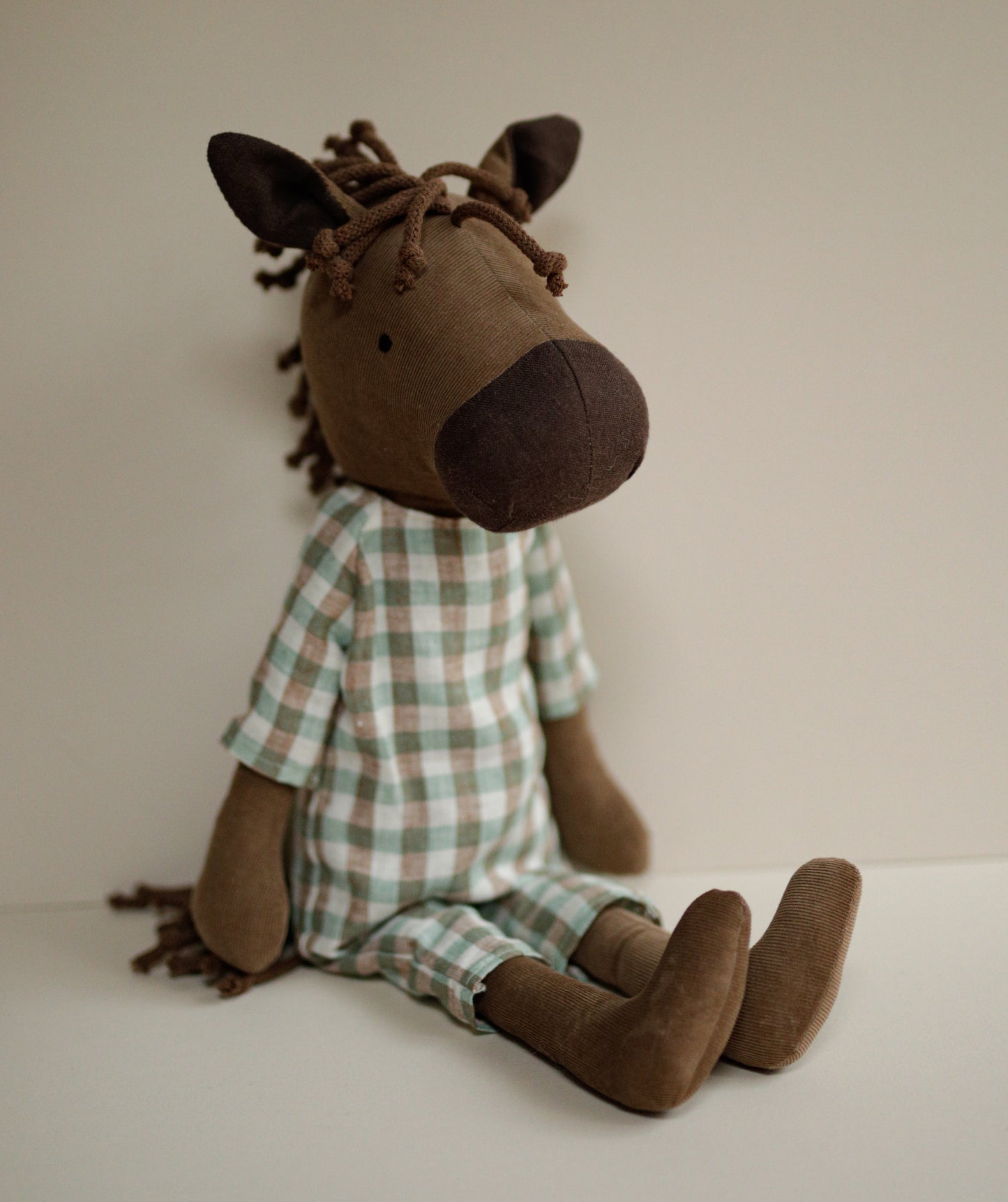 Display SAMPLE 55 cm corduroy Horse toy in check romper