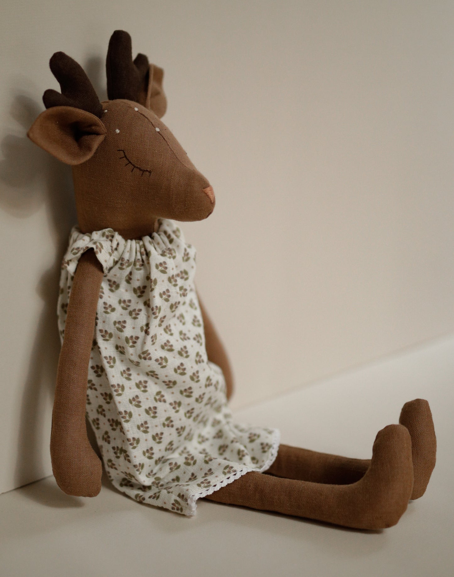 Deer toy 55 cm in retro berries linen dress with antlers
