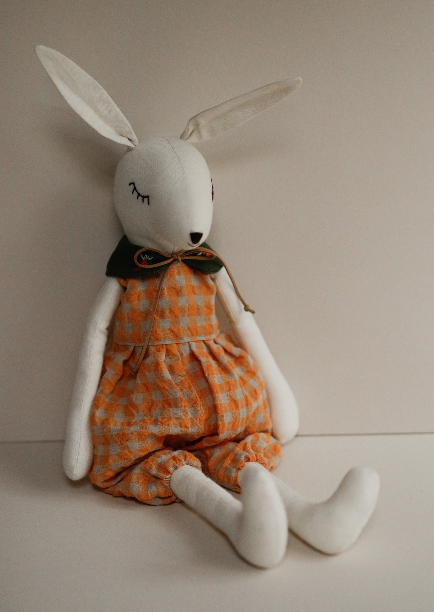 Display SAMPLE 55 cm cream Hare in orange romper and green collar with carrot embroidery