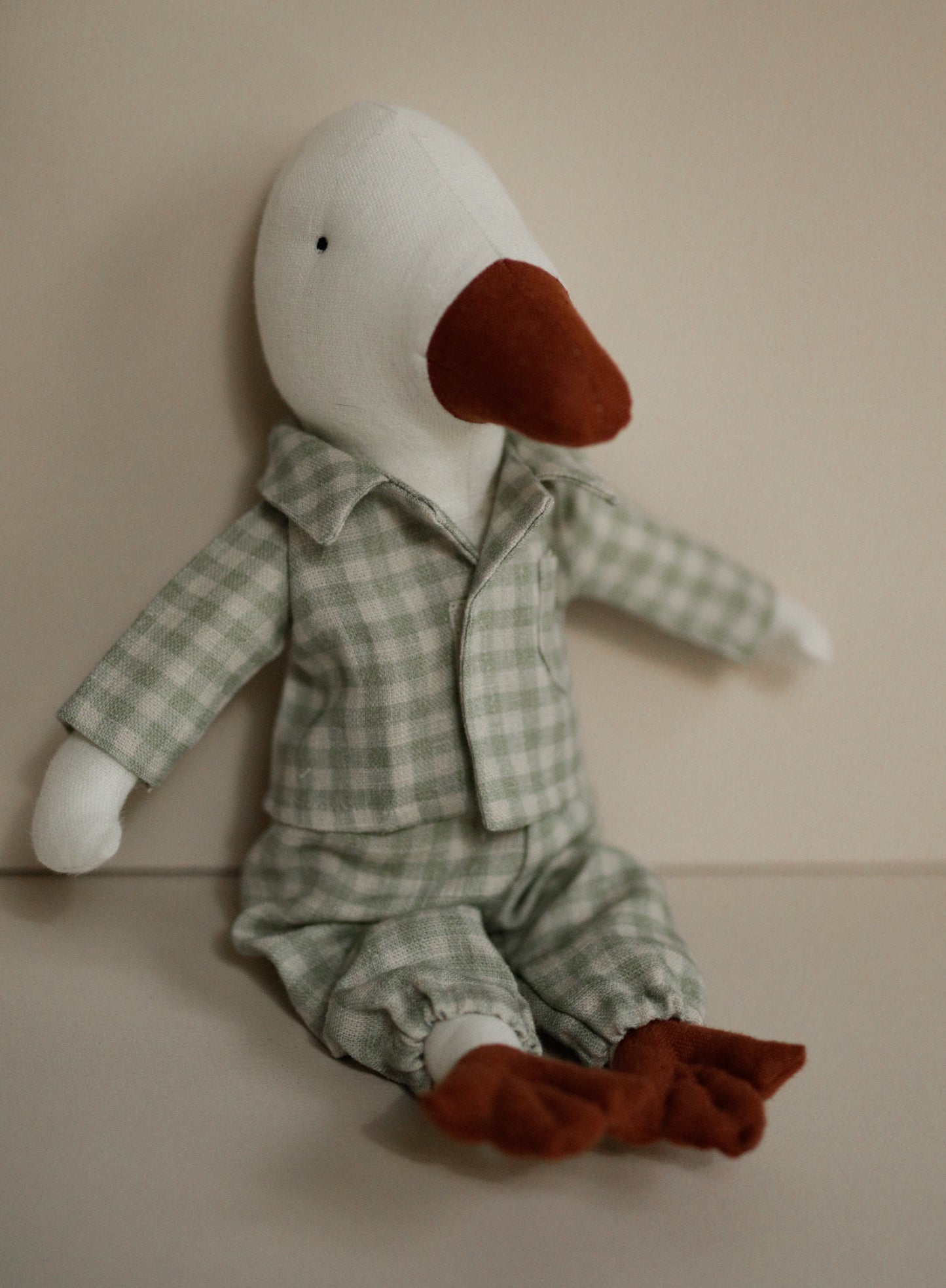 Goose toy 30 cm in mint gingham pyjama
