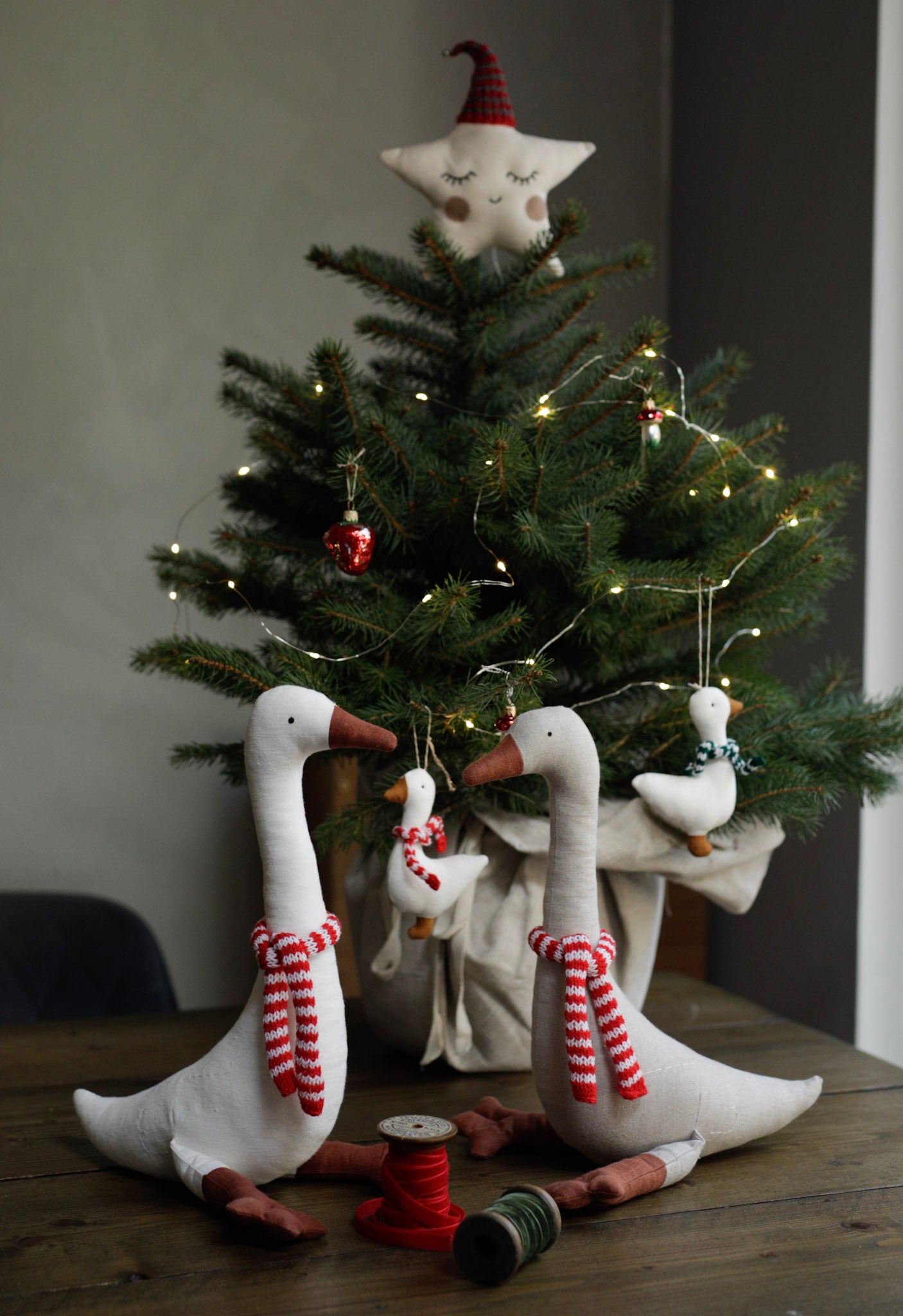 White Linen Garden Goose toy with Christmas scarf