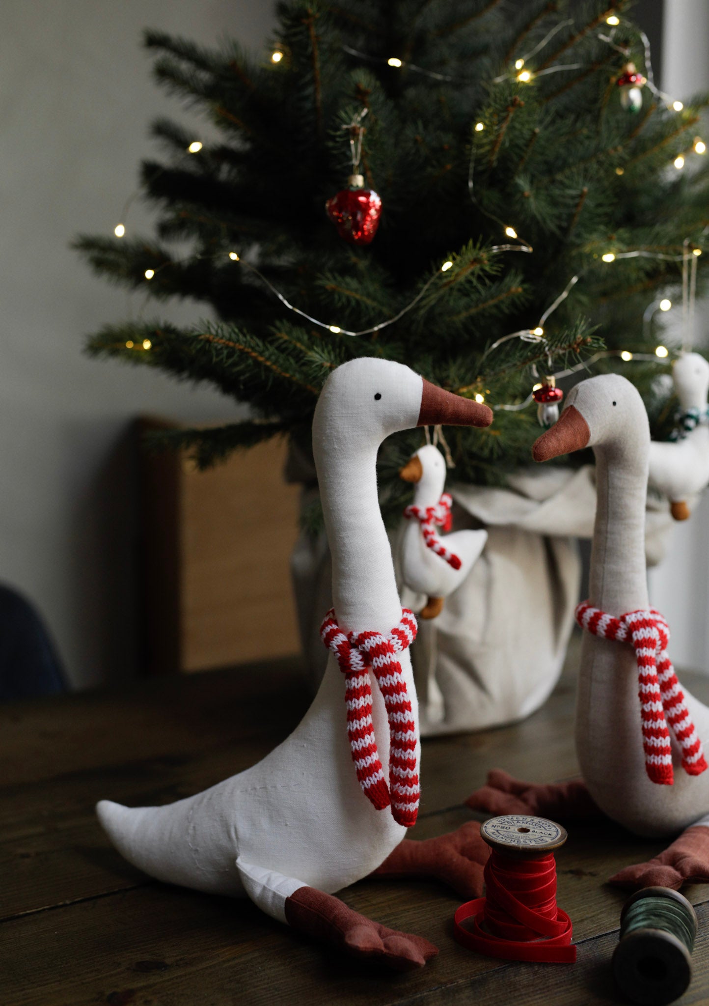 White Linen Garden Goose toy with Christmas scarf