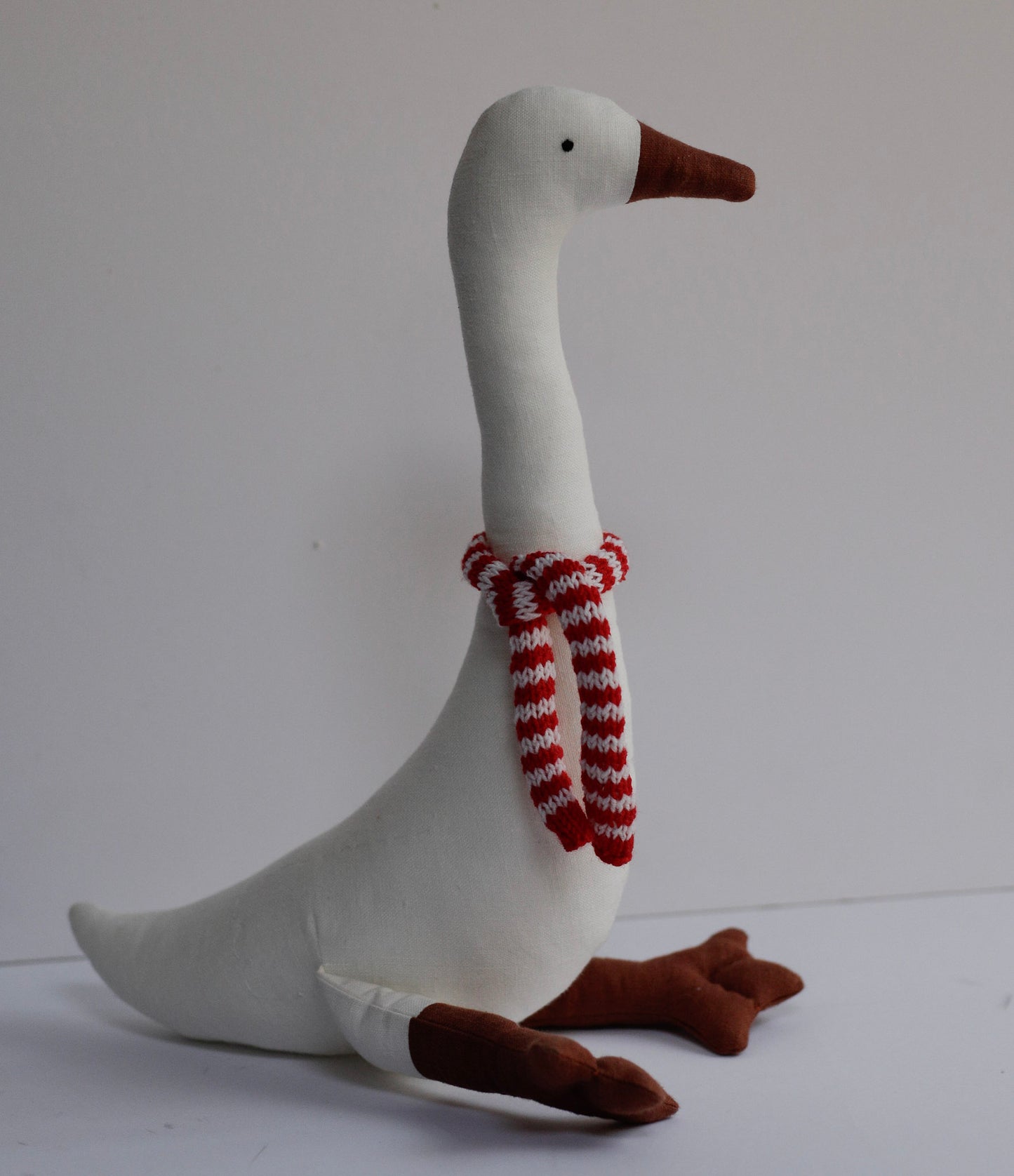 White Linen Garden Goose toy with Christmas scarf