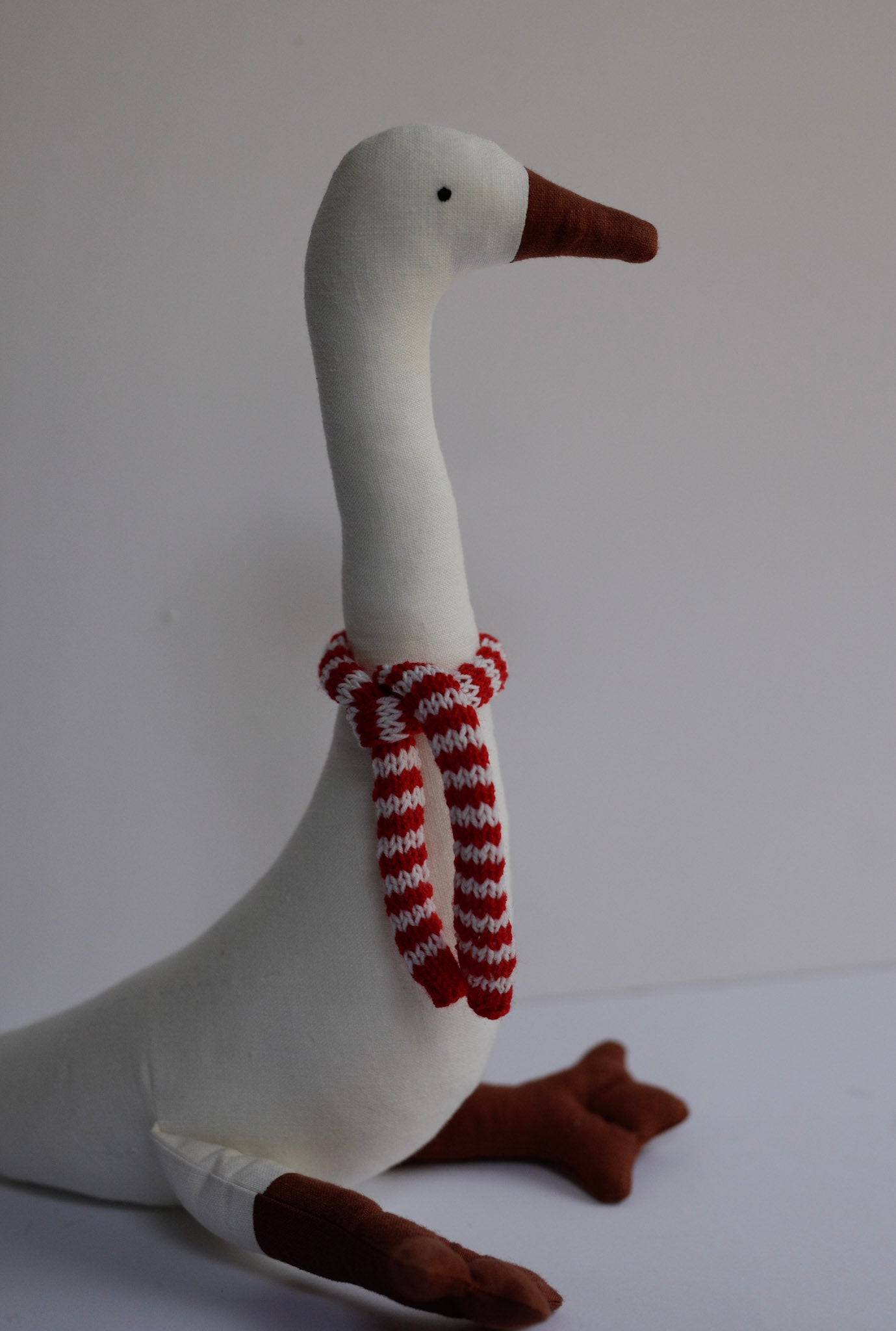 White Linen Garden Goose toy with Christmas scarf