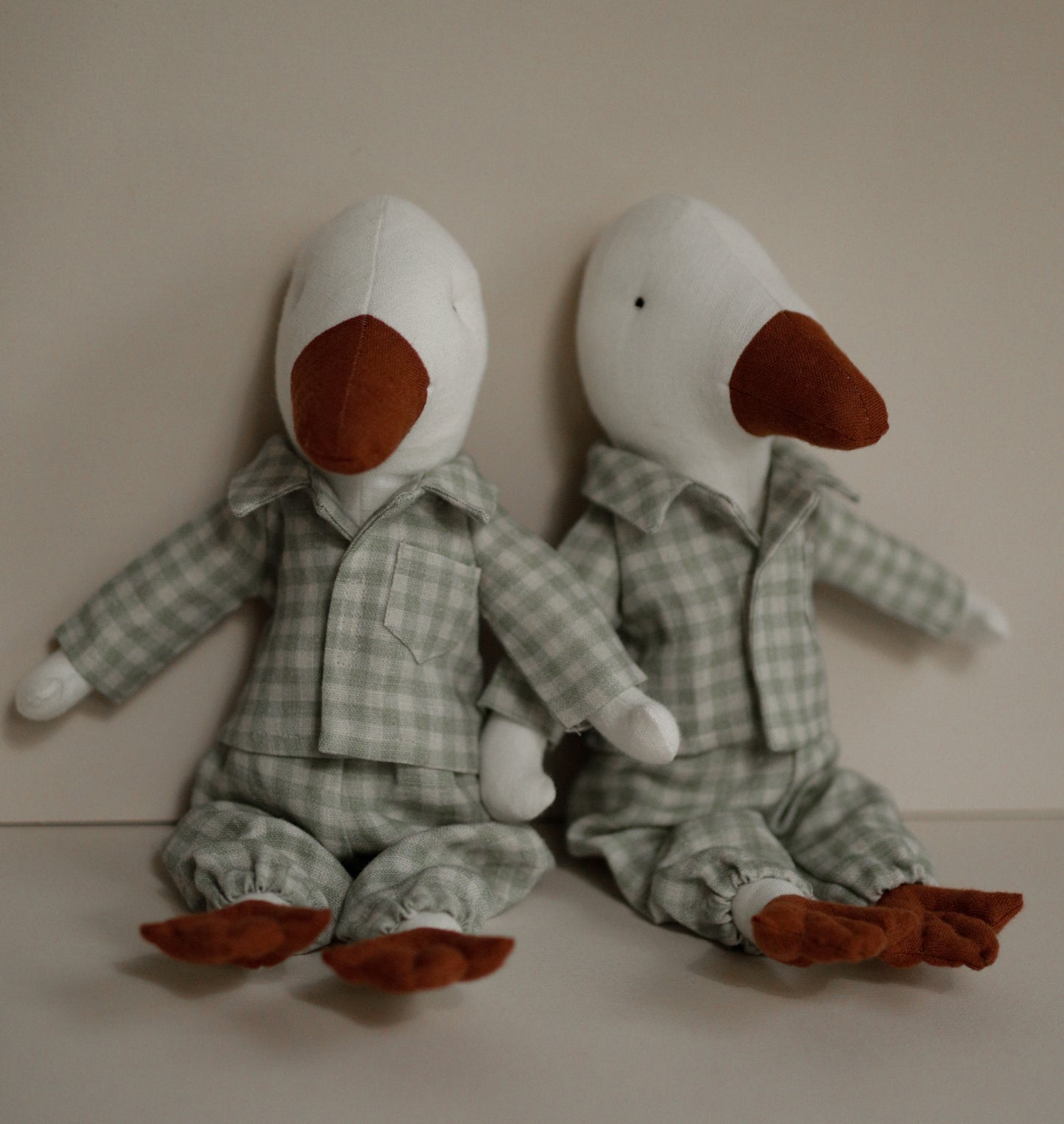 Goose toy 30 cm in mint gingham pyjama