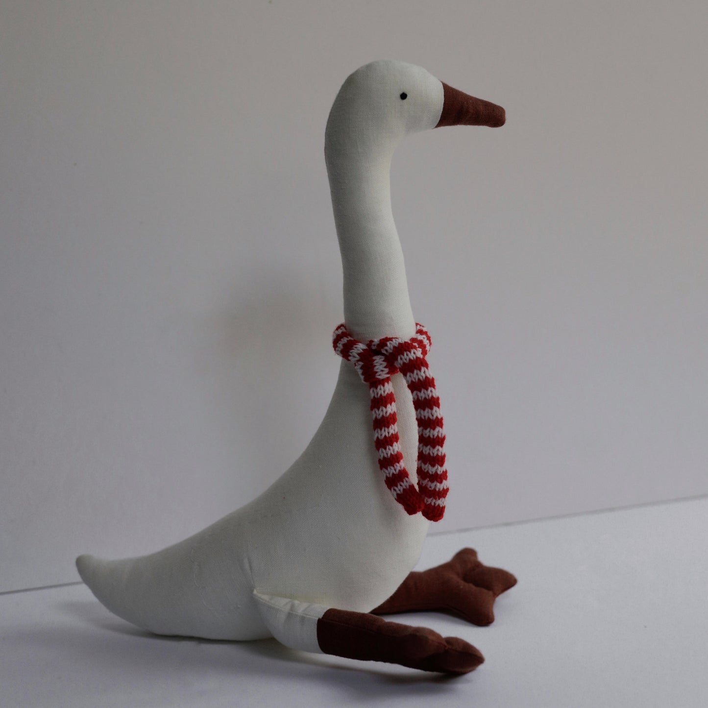 White Linen Garden Goose toy with Christmas scarf