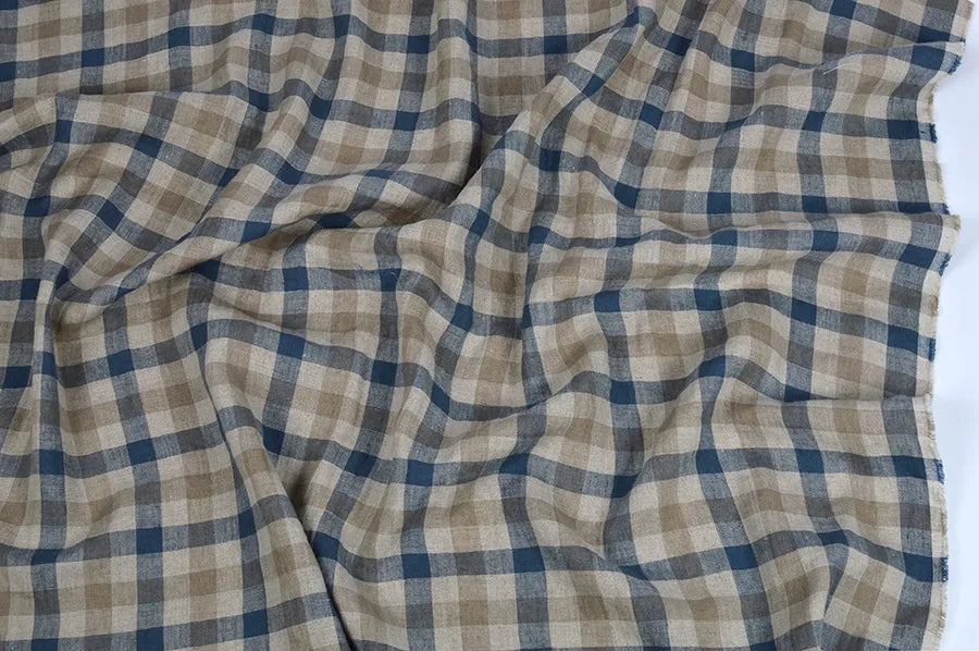 262/103 Blue and Natural gingham check 100% linen fabric