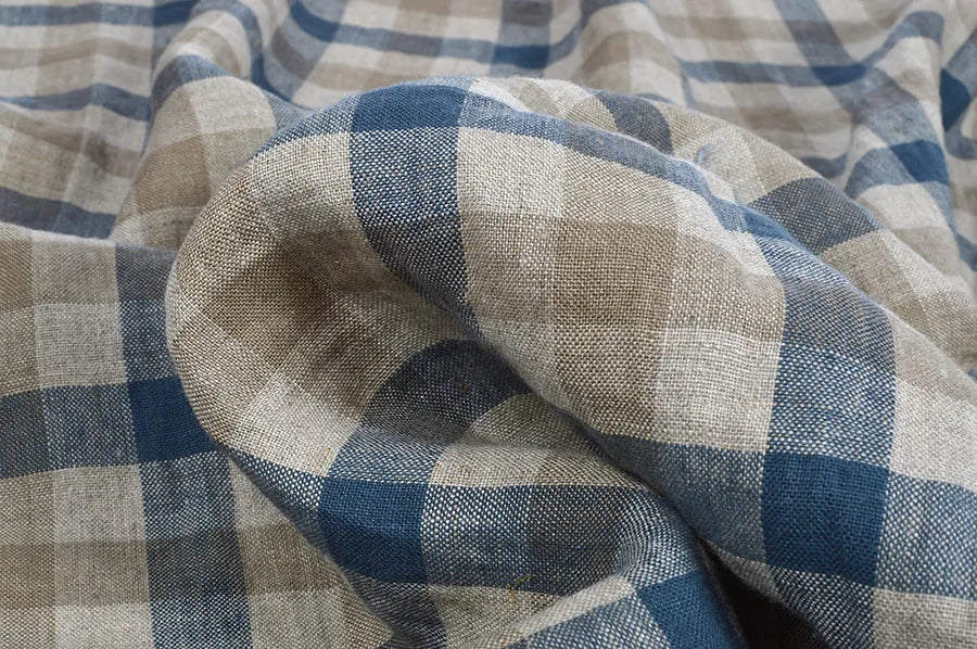 262/103 Blue and Natural gingham check 100% linen fabric