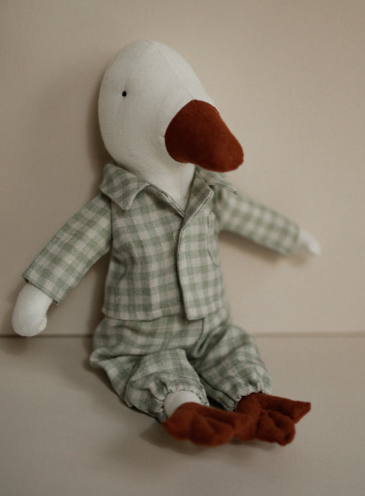 Goose toy 30 cm in mint gingham pyjama
