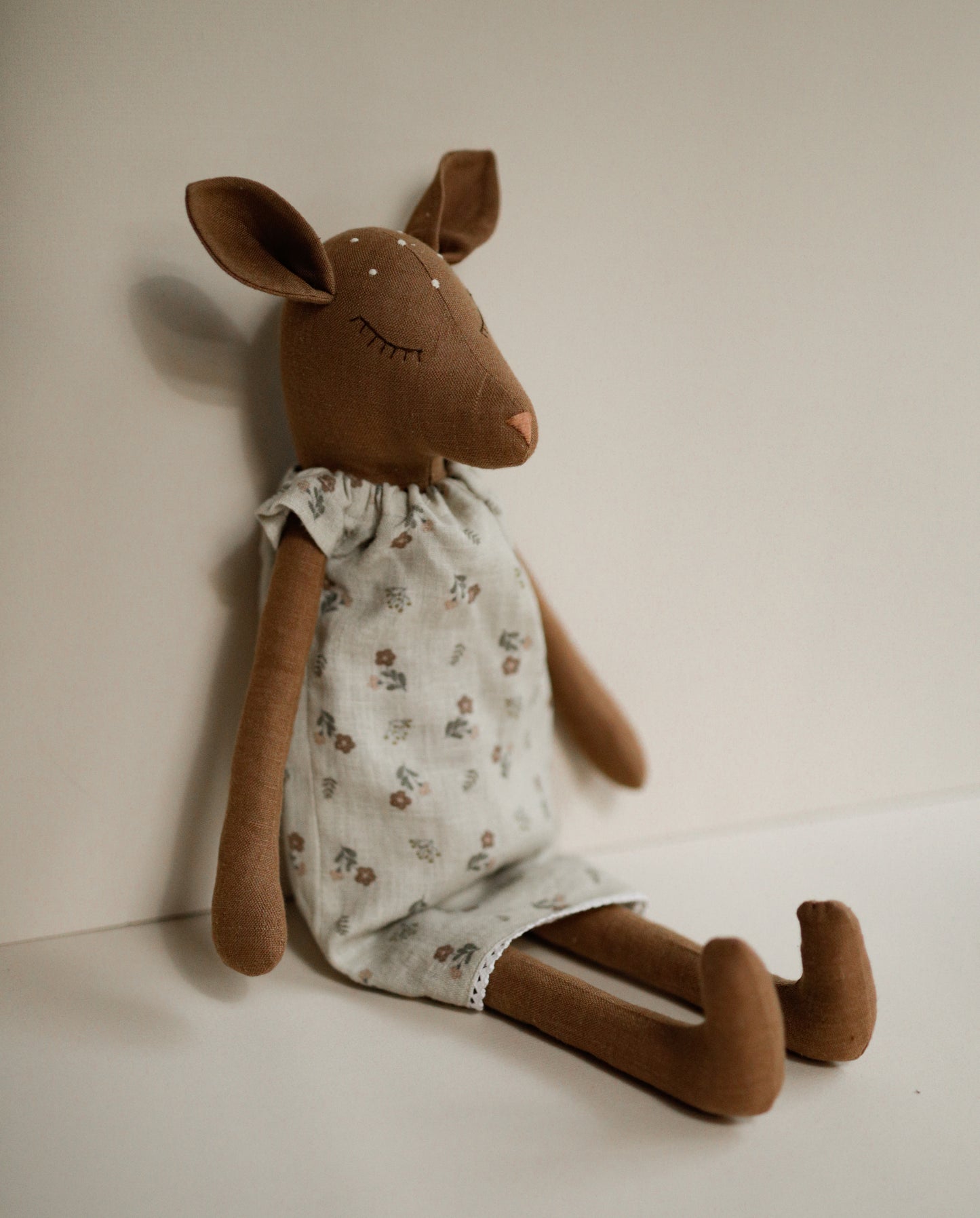 Deer toy 55 cm  in floral linen dress without antlers