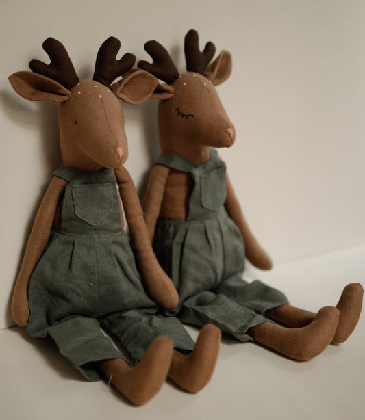 Deer toy 55 cm  in green linen dungarees with antlers