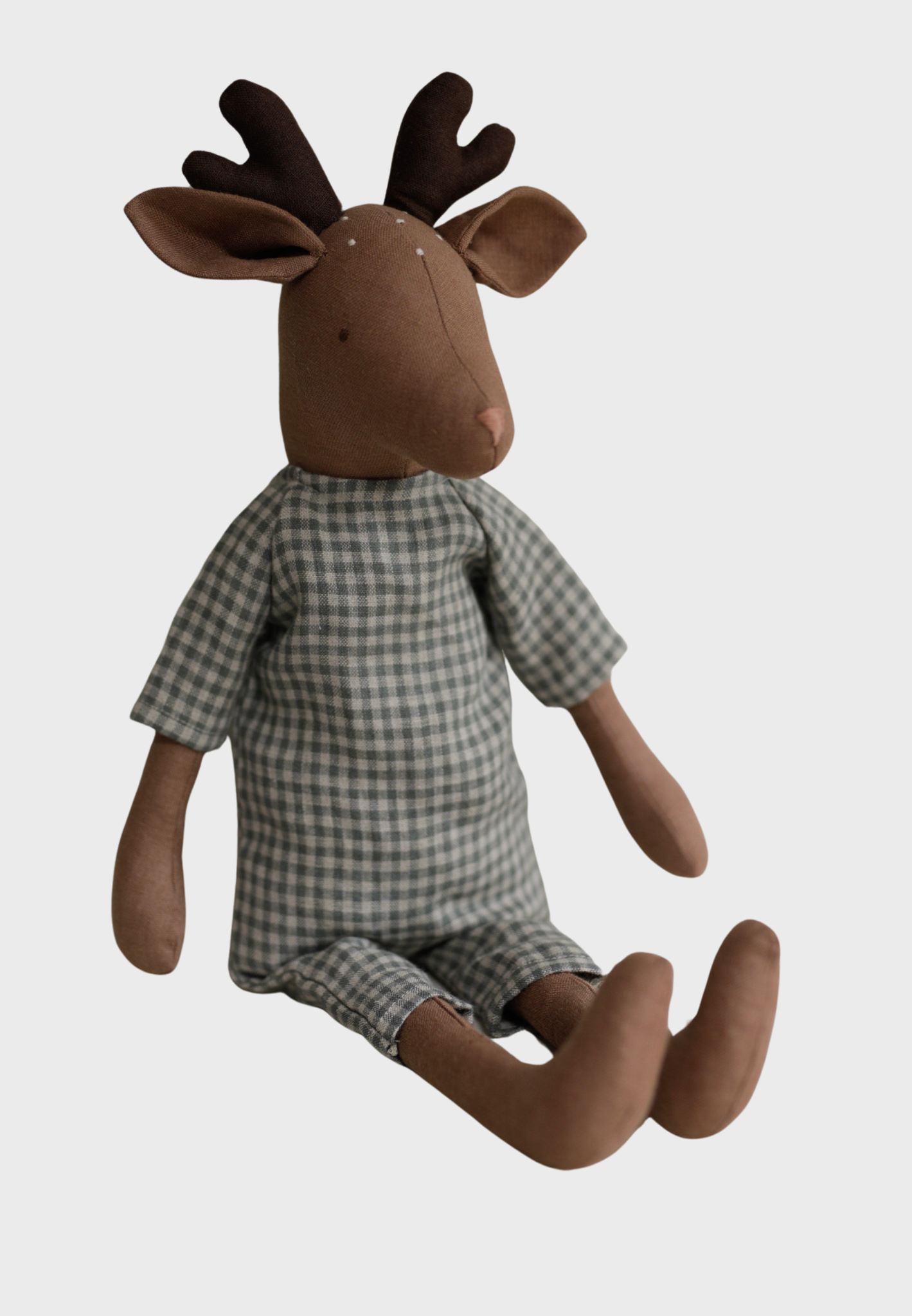 Deer toy 55 cm  in check linen romper