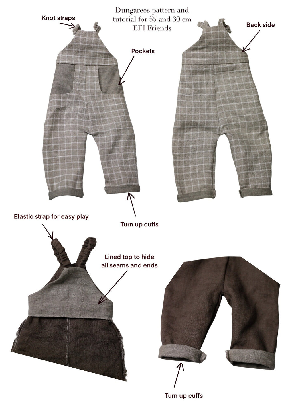 Dungarees Sewing Pattern PDF + Tutorial | Fits 55 cm & 30 cm EFI Friends Toys