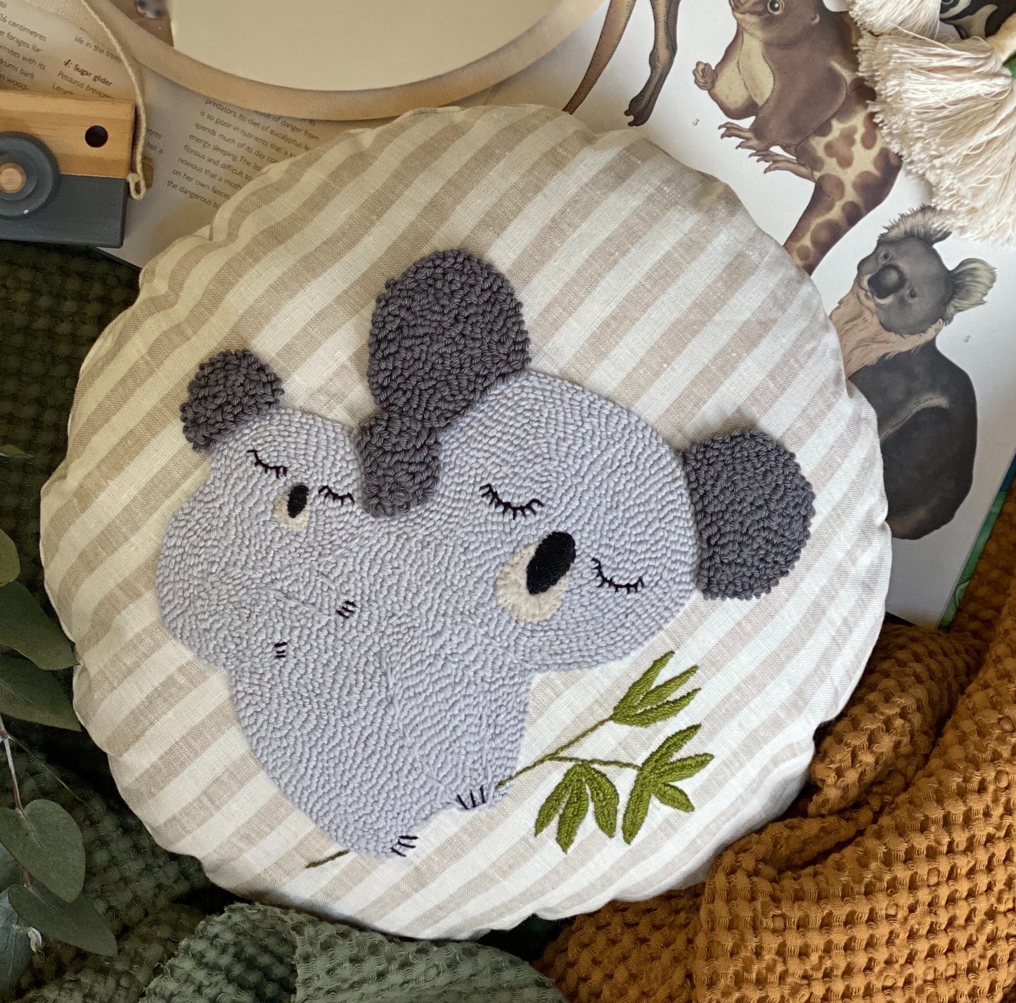 Koala mummy and baby punch needled linen cushion